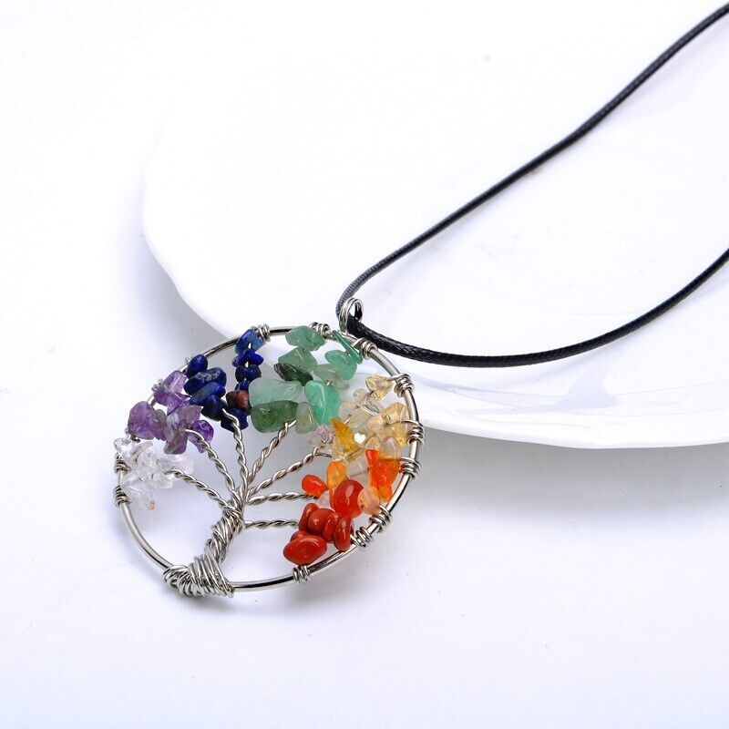 Tree of Life Pendant Necklace 7 Chakra Natural Gemstone Crystal Stones Healing
